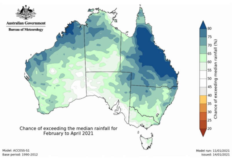BOM rainfall map - chance of exceeding the median rainfall for February to April 2021
